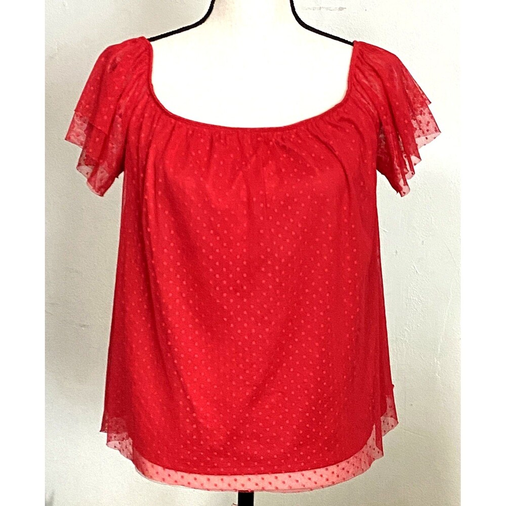 Rhapsody Sheer Red Dot Blouse Women’s Sz L Lined Flutter Sleeve Coquette Boho